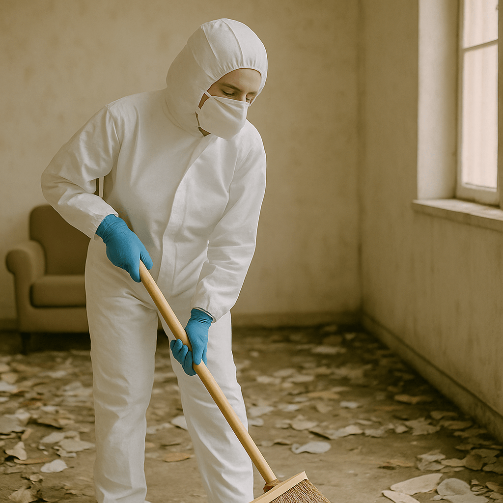 Trabajadora de limpieza en traje protector barriendo una vivienda abandonada tras un desalojo